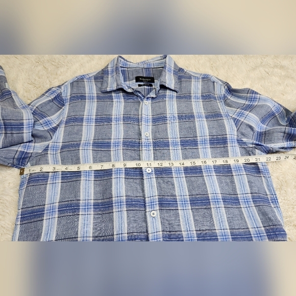 Bugatchi Julian Plaid Check Linen Shirt BS5276L4S Denim Blue Mens Sz Med - Picture 5 of 11